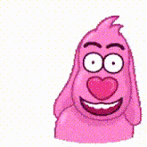 a pink cartoon character with a heart in his mouth is saying `` i love you baby '' .