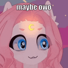 a cartoon character with a crescent moon on her forehead and the words `` maybe owo '' written on it .