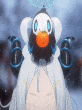 a cartoon character has a bird on her head with an orange in its beak