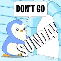 a cartoon of a penguin holding the word sunday in front of an igloo