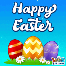 a lucas & friends easter greeting card with three eggs