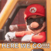 a cartoon of mario driving a yellow car with the words here we go !