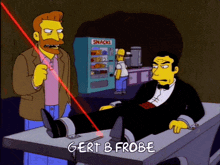a cartoon of a man laying on a table with the name gert b frobe on the bottom