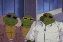 three teenage mutant ninja turtles wearing sunglasses and white jackets