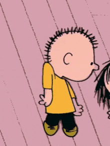 a cartoon of a boy with a yellow shirt and black pants
