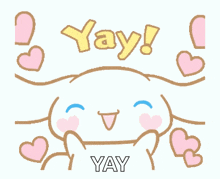 a cartoon character with hearts around it and the word yay