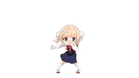 a little girl in a blue skirt and white socks is dancing on a white background