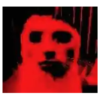 a close up of a red dog 's face in a dark room with a black background .