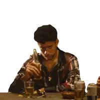 a man wearing a plaid shirt is holding a glass
