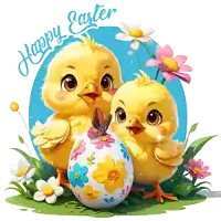 two chicks standing next to an easter egg with flowers on it