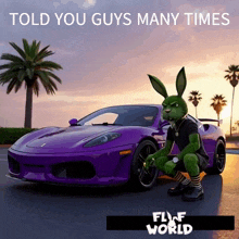 a cartoon rabbit is squatting in front of a purple car with the words " told you guys many times " above it