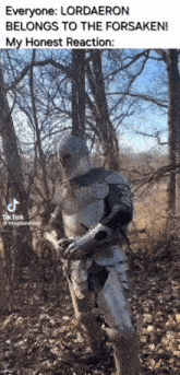 a knight in armor is standing in the woods with the caption everyone lordaeron belongs to the forsaken