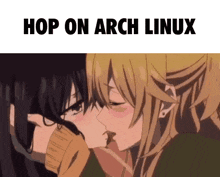 a couple of anime girls kissing with the words hop on arch linux above them .