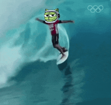 a cartoon of a person riding a wave with the olympic rings behind them