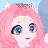 a cartoon girl with pink hair and a crescent moon on her forehead is asking why