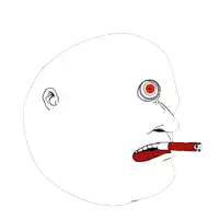 a drawing of a face with a red eye and a cigarette in his mouth