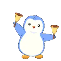 a blue and white penguin holding two bells in its hands