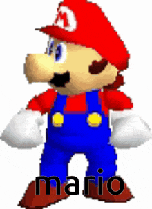 a pixelated image of mario with the word mario behind him