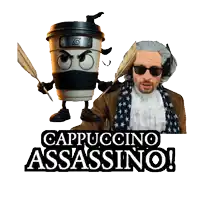 a cappuccino assassino sticker with a ninja coffee cup