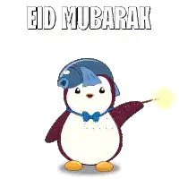 a penguin is wearing a fish hat and holding an umbrella with the words eid mubarak written on it