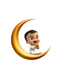 a cartoon boy is sitting on a crescent moon holding a gift