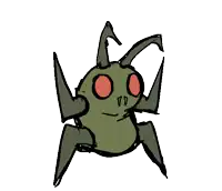 a drawing of a bug with red eyes and horns