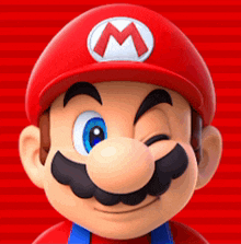 a close up of a cartoon character with a red hat and a white m on it