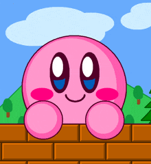 a cartoon of kirby looking over a brick wall with trees in the background