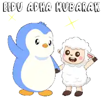 a penguin and a sheep are standing next to each other with the words eid adha mubarak in the background