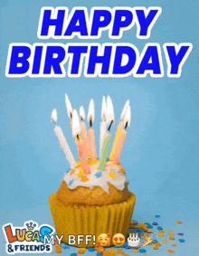 a birthday card with a cupcake and candles and the words happy birthday