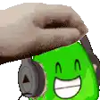 a green object wearing headphones and a hat is smiling .