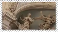 a postage stamp shows a statue of a woman holding a book that says ' vive '