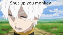 a picture of a boy with white hair and the words shut up you monkey