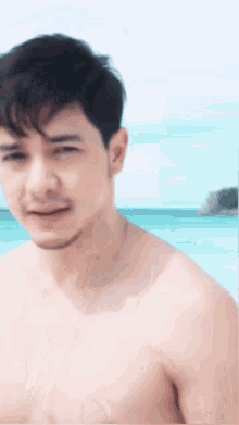 a shirtless man with a beard is standing on the beach