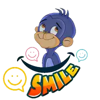 a cartoon monkey says please smile with smiley faces
