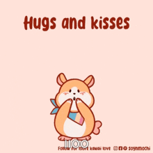 a cartoon of a hamster surrounded by pink hearts with the words hugs and kisses