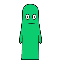 a green cartoon character with a sad face is standing on a white background