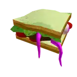 a sandwich with purple tentacles on it is sitting on a white background .
