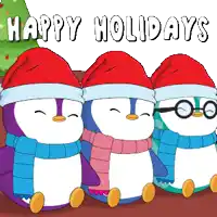 three penguins wearing santa hats and scarves are sitting in front of a christmas tree with the words happy holidays above them