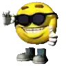 a smiley face wearing sunglasses and boots is waving at the camera .