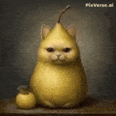 a cat shaped like a pear is sitting next to an apple .