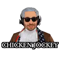 a man wearing a wig and sunglasses with the words chicken jockey written on the bottom