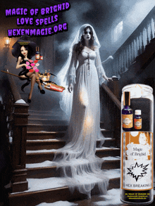 a woman in a white dress is walking down a set of stairs next to a bottle of magic of brighid hex breaking