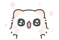 a cartoon drawing of a white cat with black eyes and a pink nose .