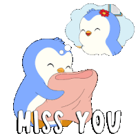 a penguin with a flower on its head is thinking of another penguin and the words miss you