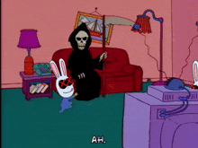 a grim reaper with a scythe is holding a dead rabbit in a living room