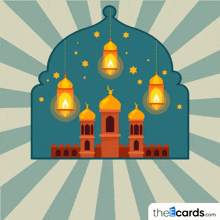an illustration of a mosque with lanterns hanging from the roof