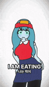 a cartoon of a girl with the words i am eating below her