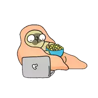 a pug is wrapped in a blanket and eating popcorn while looking at a laptop