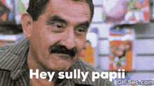 a man with a mustache and the words hey sully papii